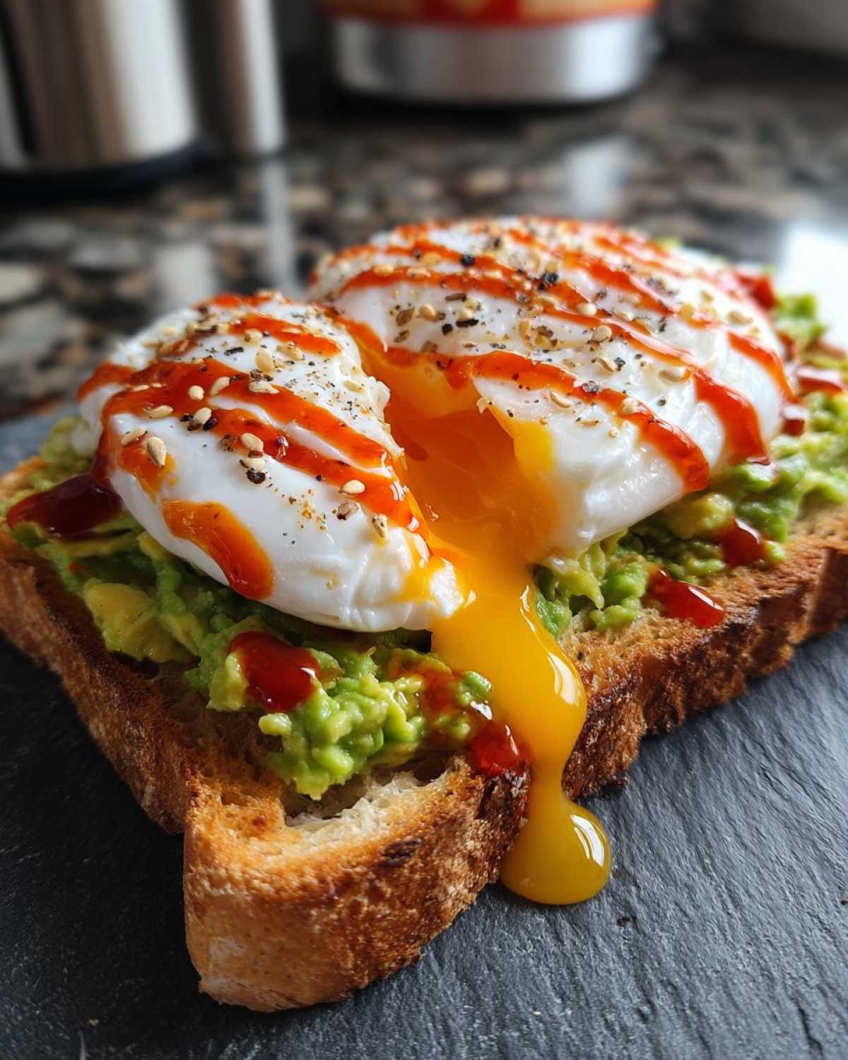 Avocado Toast with Poached Egg and Sriracha Drizzle - detail 1