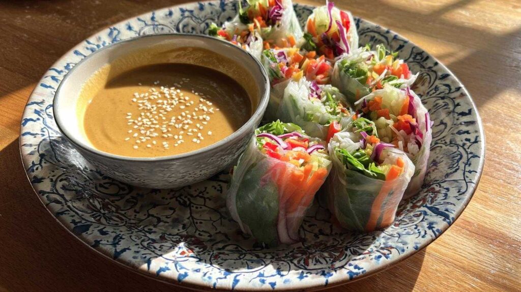 Vietnamese Fresh Veggie Spring Rolls: 1 Joyful Bite Vietnamese Fresh Veggie Spring Rolls with Peanut Sauce