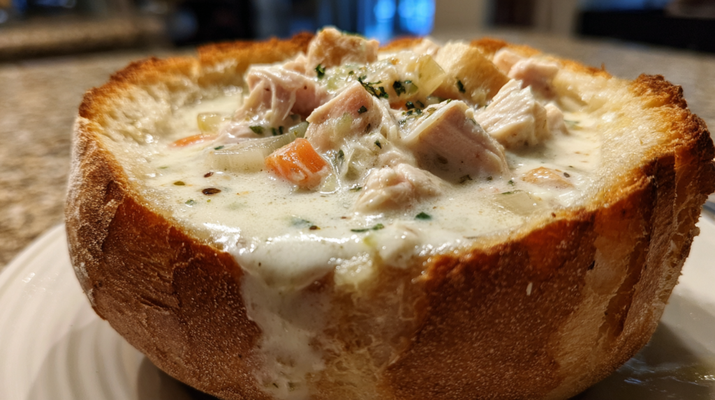 Creamy Turkey Chowder in Sourdough Bowls