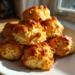 A stack of golden brown, baked cream cheese sausage balls piled high on a white plate.