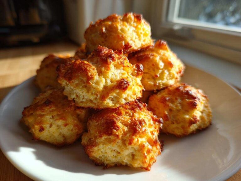 A stack of golden brown, baked cream cheese sausage balls piled high on a white plate.