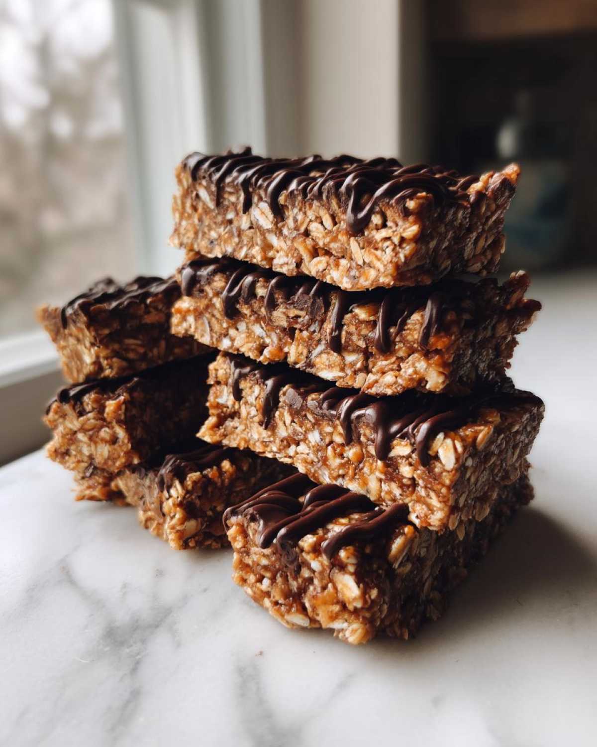 A stack of homemade protein bars made with oats and drizzled with dark chocolate, ready to eat.