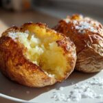Two perfectly cooked air fryer baked potato halves showing fluffy interior and crispy, salted skin.