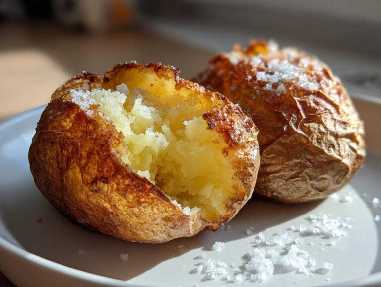 Two perfectly cooked air fryer baked potato halves showing fluffy interior and crispy, salted skin.