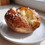 A perfectly cooked air fryer baked potato, split open to show the fluffy white interior and crispy, salted skin.