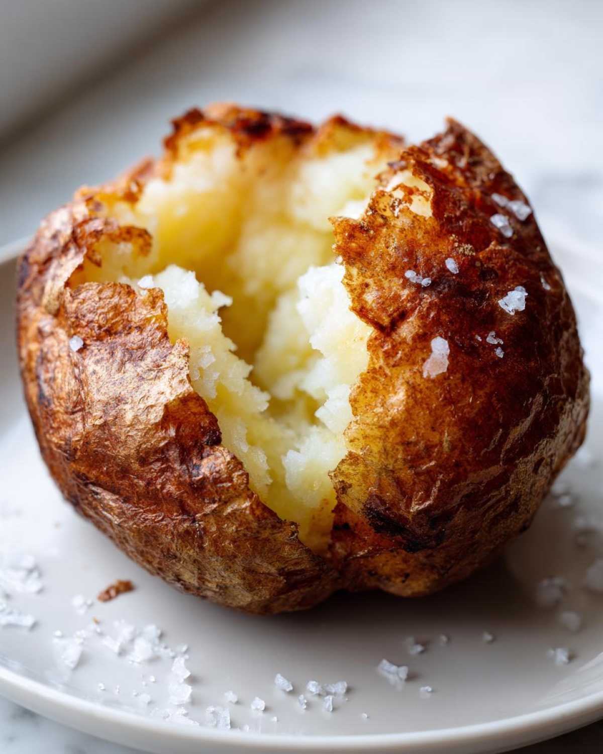 Close-up of a perfectly cooked air fryer baked potato, split open to show fluffy interior and crispy, salted skin.