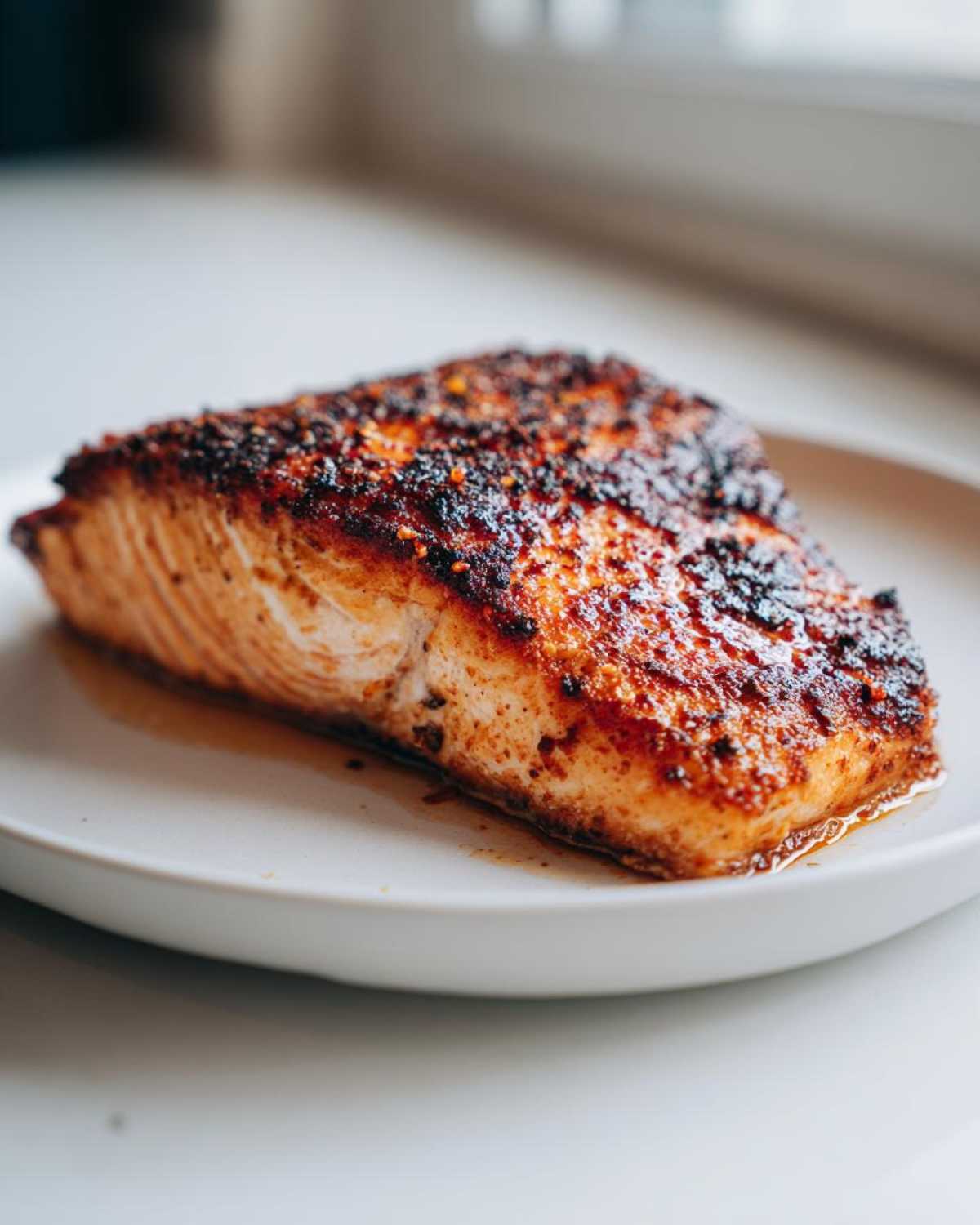 Close-up of a perfectly cooked, seasoned air fryer salmon fillet resting on a light-colored plate.