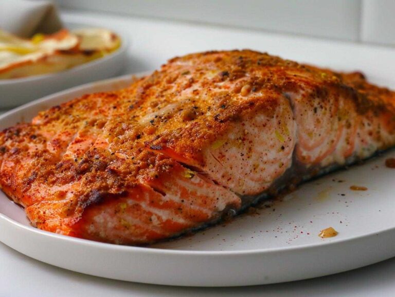 Close-up of a beautifully seasoned and cooked air fryer salmon fillet resting on a white plate.
