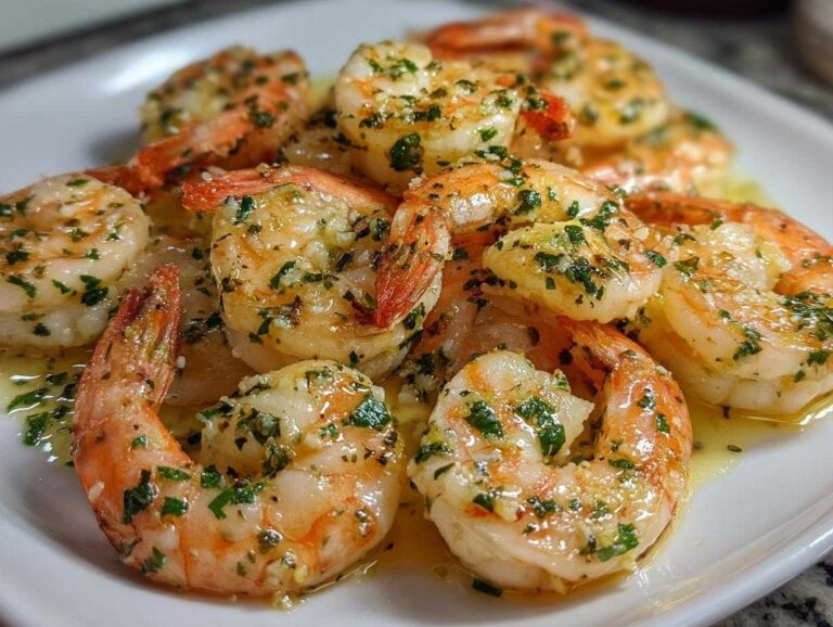 Close-up of juicy, seasoned air fryer shrimp coated in melted butter, garlic, and fresh parsley on a white plate.