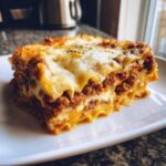 Close-up of a thick, cheesy slice of lasagna with rich meat sauce layers.