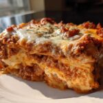 Close-up of a thick, cheesy slice of lasagna with rich meat sauce, served on a white plate.