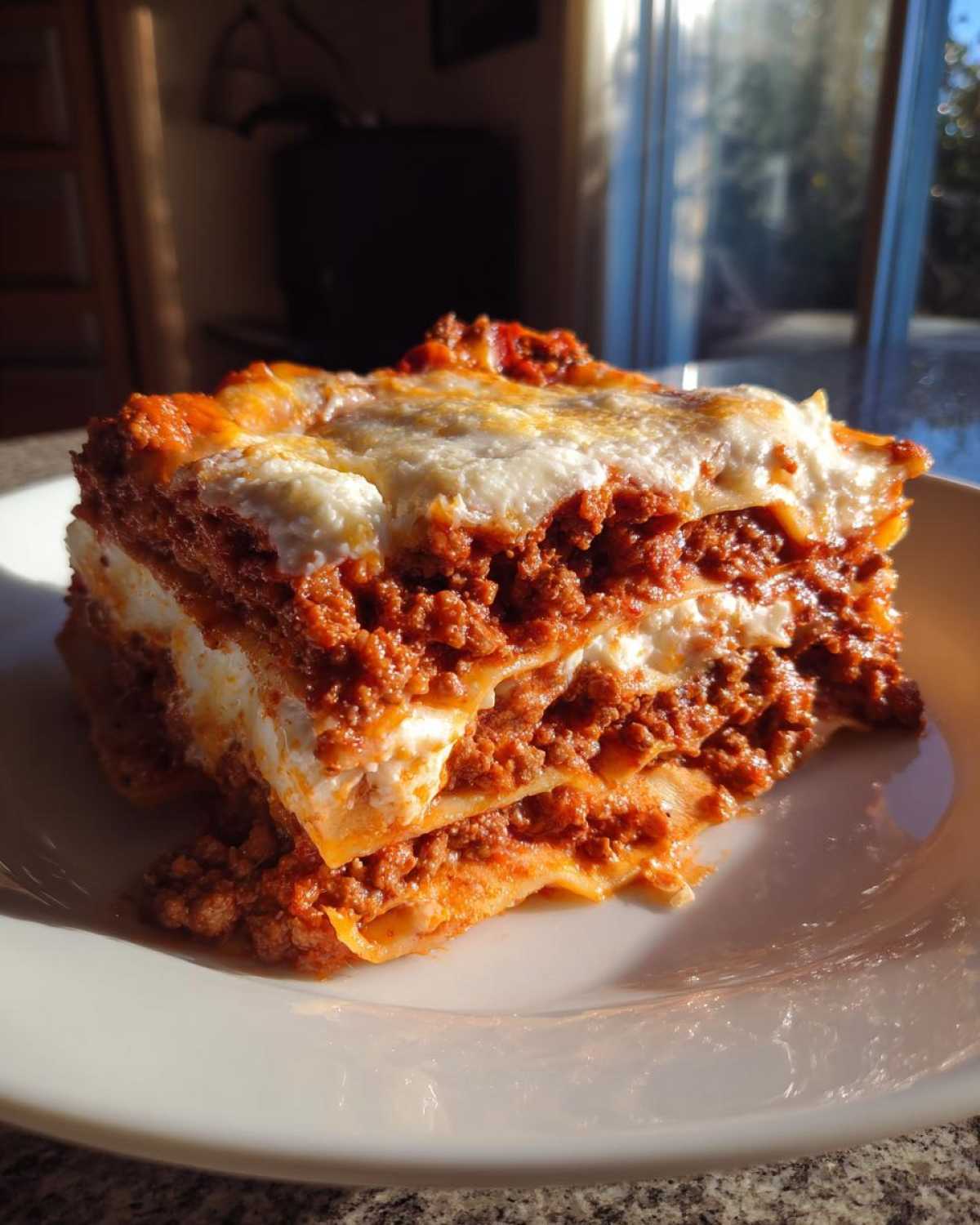 A thick, layered slice of rich meat lasagna with melted cheese topping, served on a white plate.