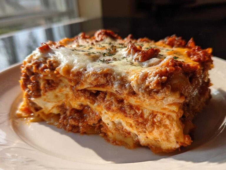 Close-up of a thick, cheesy slice of lasagna with rich meat sauce, served on a white plate.