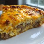 A thick slice of savory egg bake with layers of sausage, topped with melted cheddar cheese, served on a white plate.