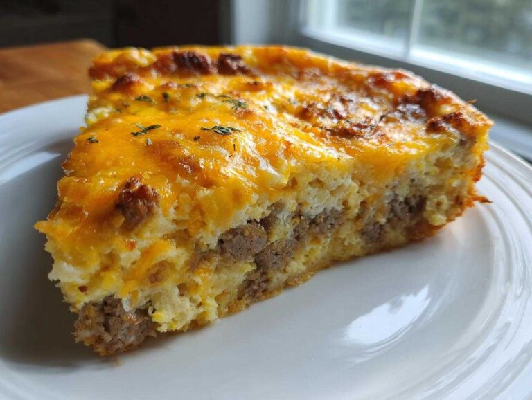 A thick slice of savory egg bake with layers of sausage, topped with melted cheddar cheese, served on a white plate.