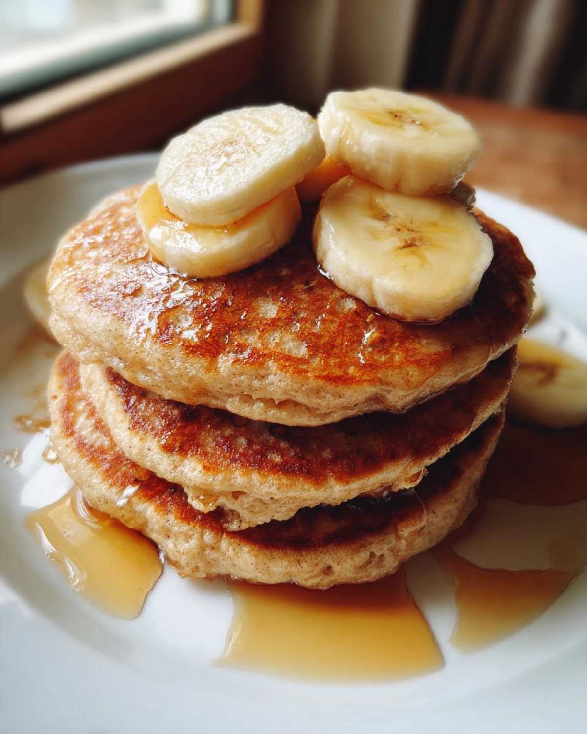 Close-up of a stack of three fluffy banana pancakes drizzled with syrup and topped with fresh banana slices.