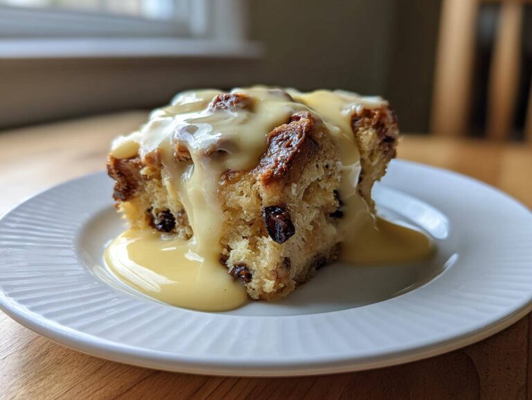 A square slice of raisin bread pudding generously topped with rich, flowing vanilla custard sauce.