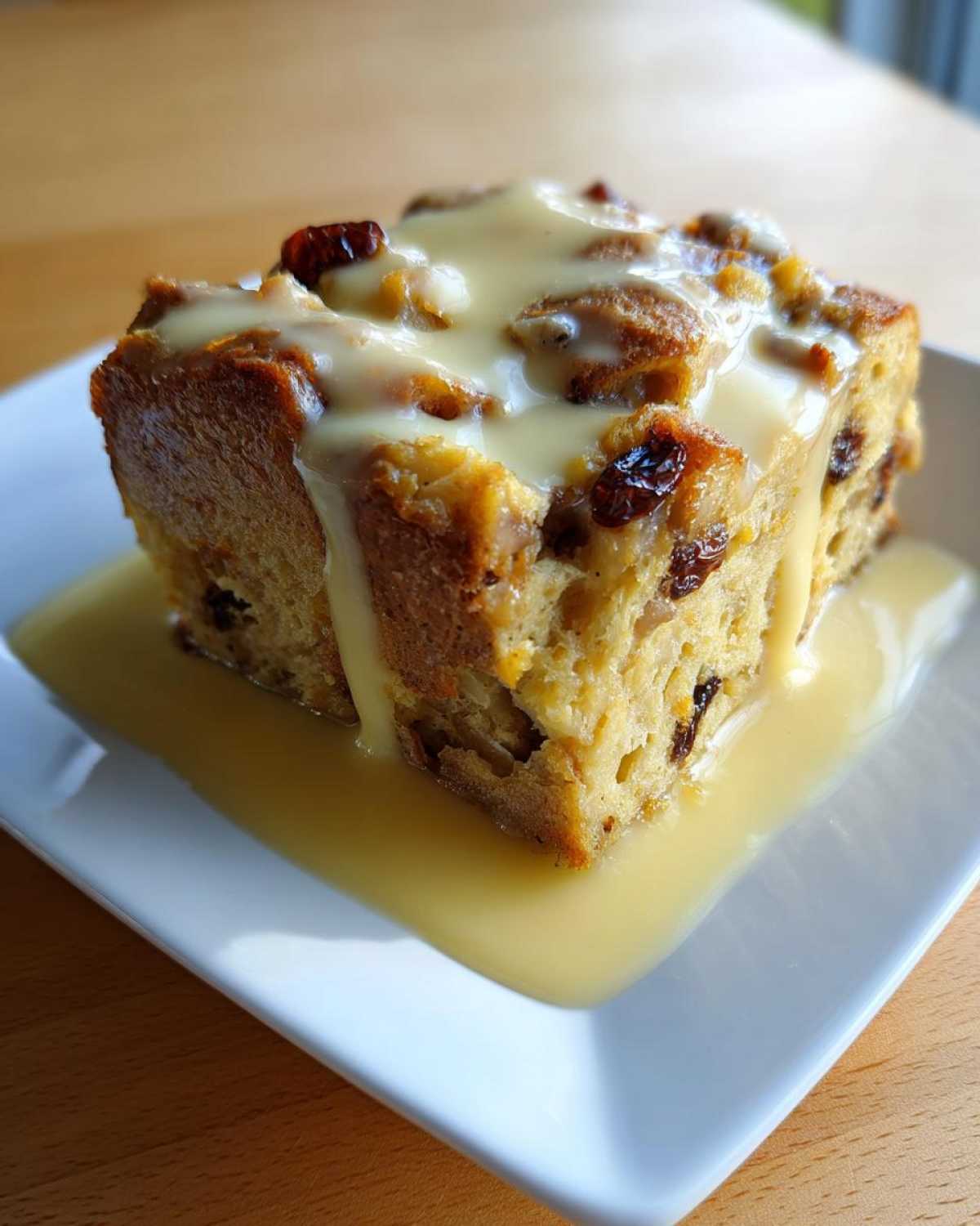 A square slice of rich bread pudding studded with raisins, topped with a thick, creamy vanilla sauce.