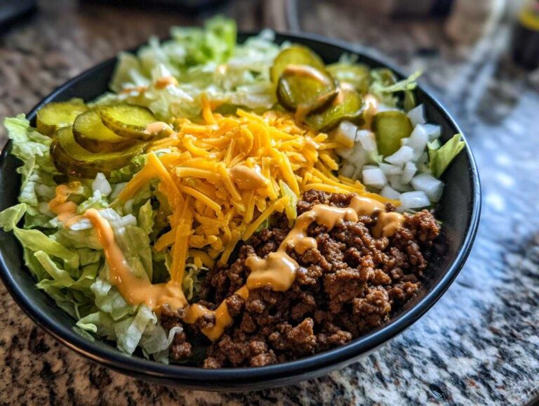 A close-up of a delicious cheeseburger bowl featuring seasoned ground beef, shredded cheese, lettuce, pickles, and sauce.