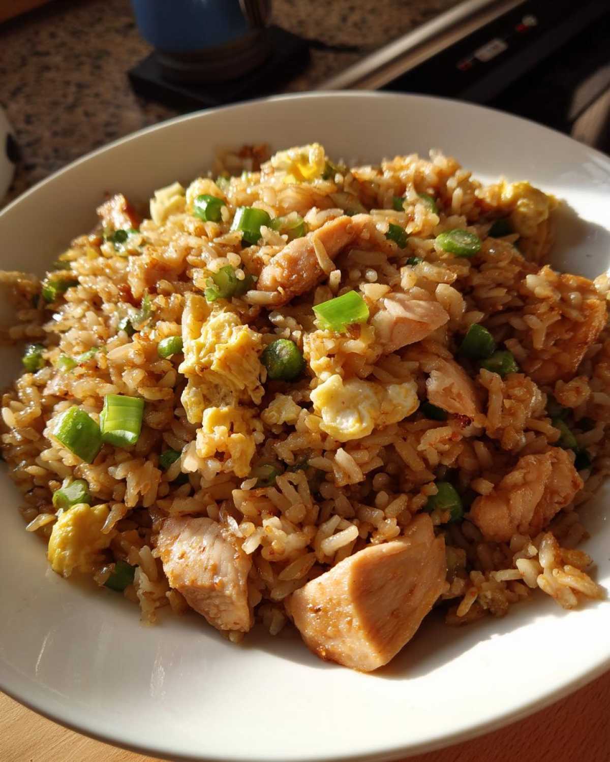 Close-up of a white bowl filled with savory chicken fried rice, featuring chunks of chicken, scrambled egg, and green onions.