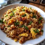 A close-up of a generous serving of flavorful chicken fried rice, featuring scrambled egg pieces and green onions.