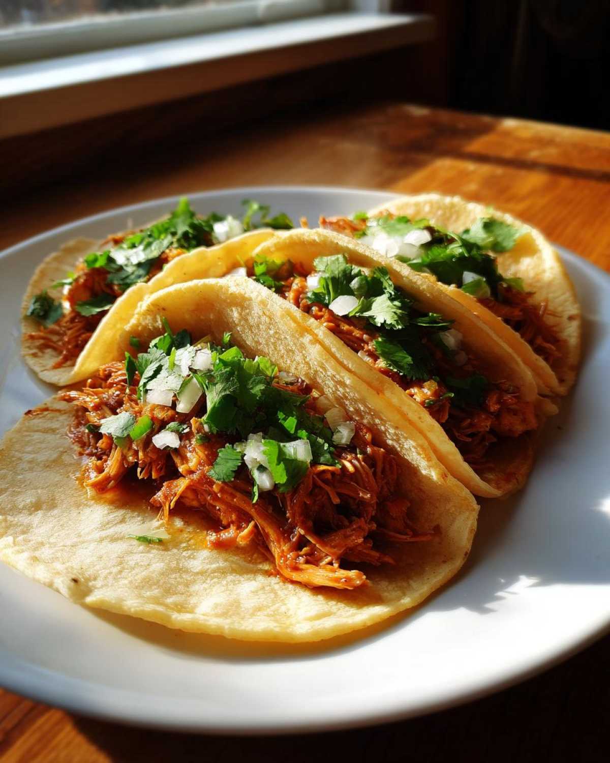 Three soft corn tortillas filled with shredded, saucy chicken, topped with fresh cilantro and diced white onion, ready to eat as chicken tacos.