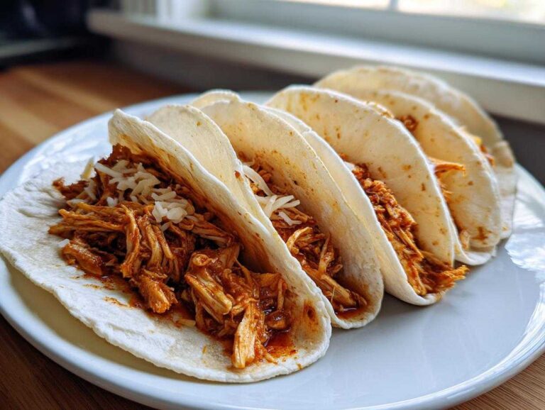 Four soft tortilla chicken tacos filled with shredded, saucy chicken and topped with white cheese.