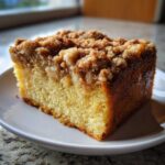 Close-up of a moist slice of coffee cake featuring a thick, crumbly cinnamon streusel topping.