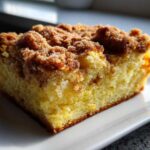 Close-up of a moist slice of coffee cake featuring a thick, crumbly cinnamon streusel topping.
