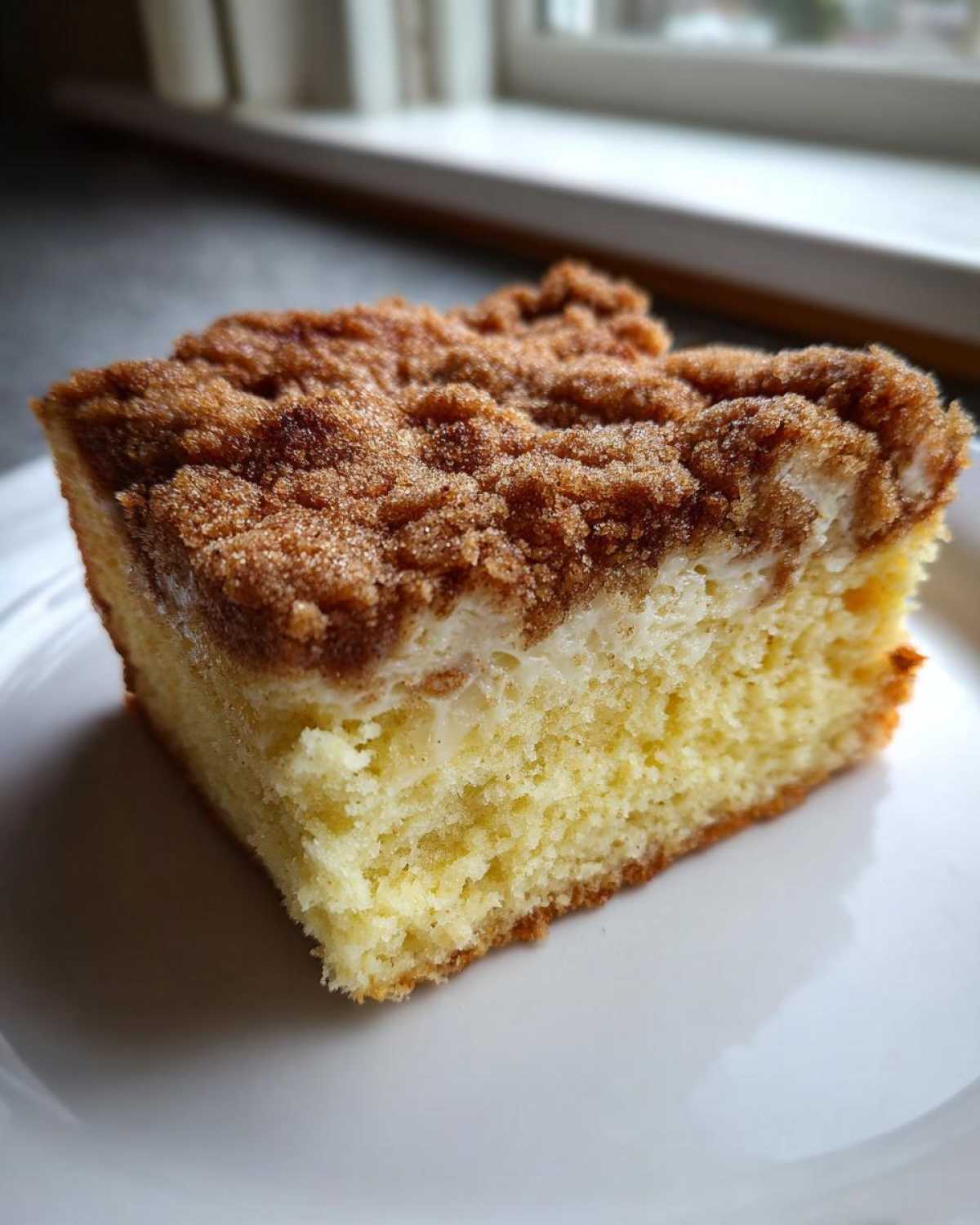 Close-up of a moist slice of coffee cake featuring a thick layer of cinnamon streusel on top of a yellow cake base.
