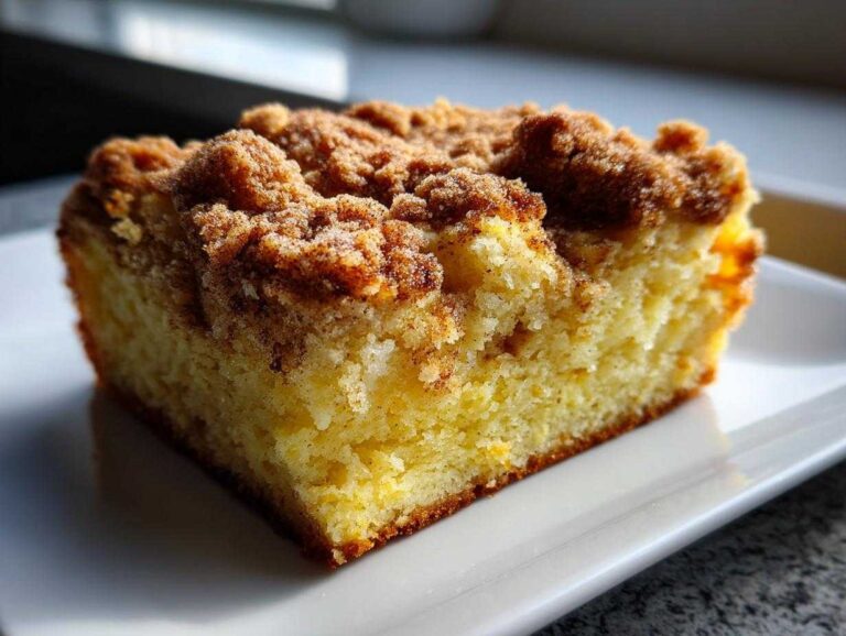 Close-up of a moist slice of coffee cake featuring a thick, crumbly cinnamon streusel topping.