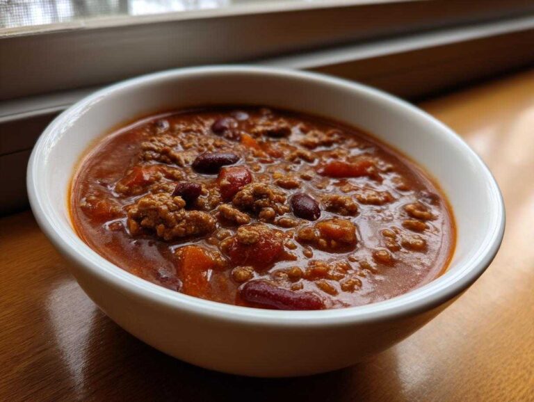 Close-up of a white bowl filled with rich, thick crockpot chili featuring ground meat and kidney beans.