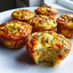 Close-up of golden brown Egg Muffin Cups on a white plate, one has a bite taken out showing filling.