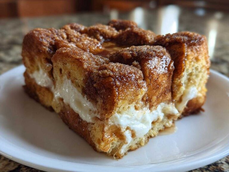 A close-up of a square slice of amazing french toast casserole with creamy filling.