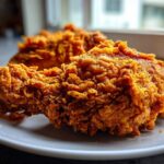 Close-up of two pieces of amazingly crispy, golden brown fried chicken resting on a white plate.