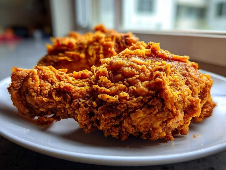 Close-up of two pieces of amazingly crispy, golden brown fried chicken resting on a white plate.