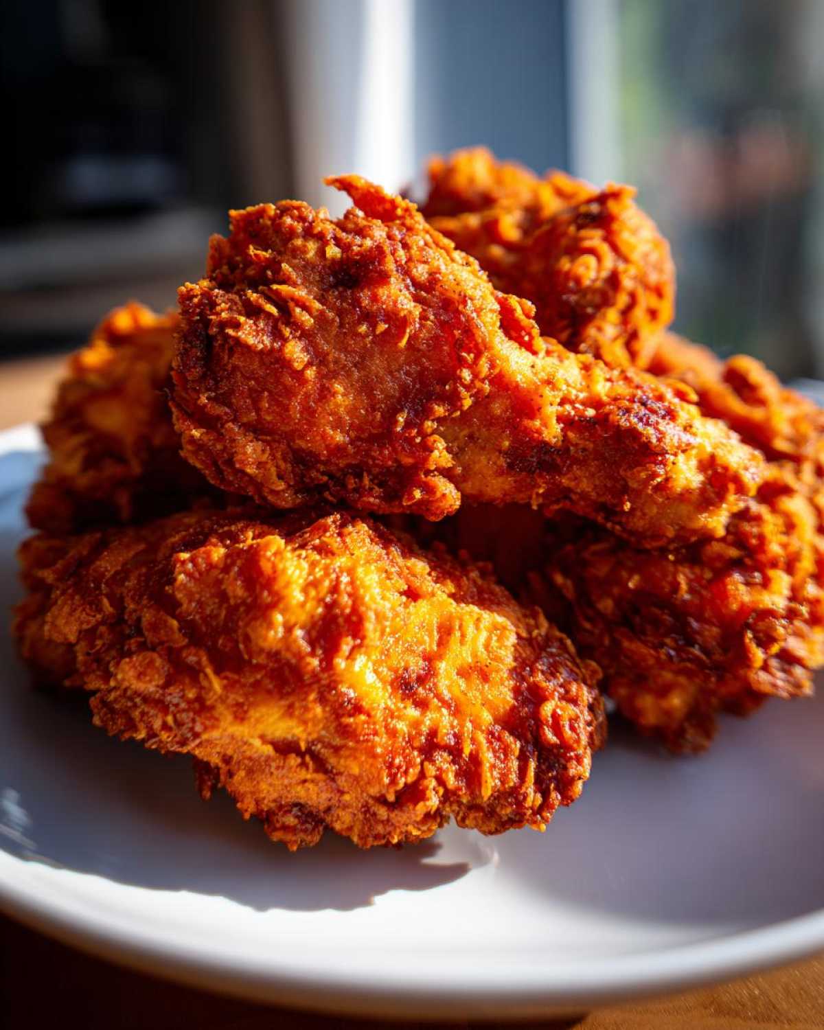 Close-up of several pieces of golden-brown, crispy fried chicken piled on a white plate.