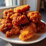 A close-up of a pile of golden-brown, crispy fried chicken wings stacked on a white plate.