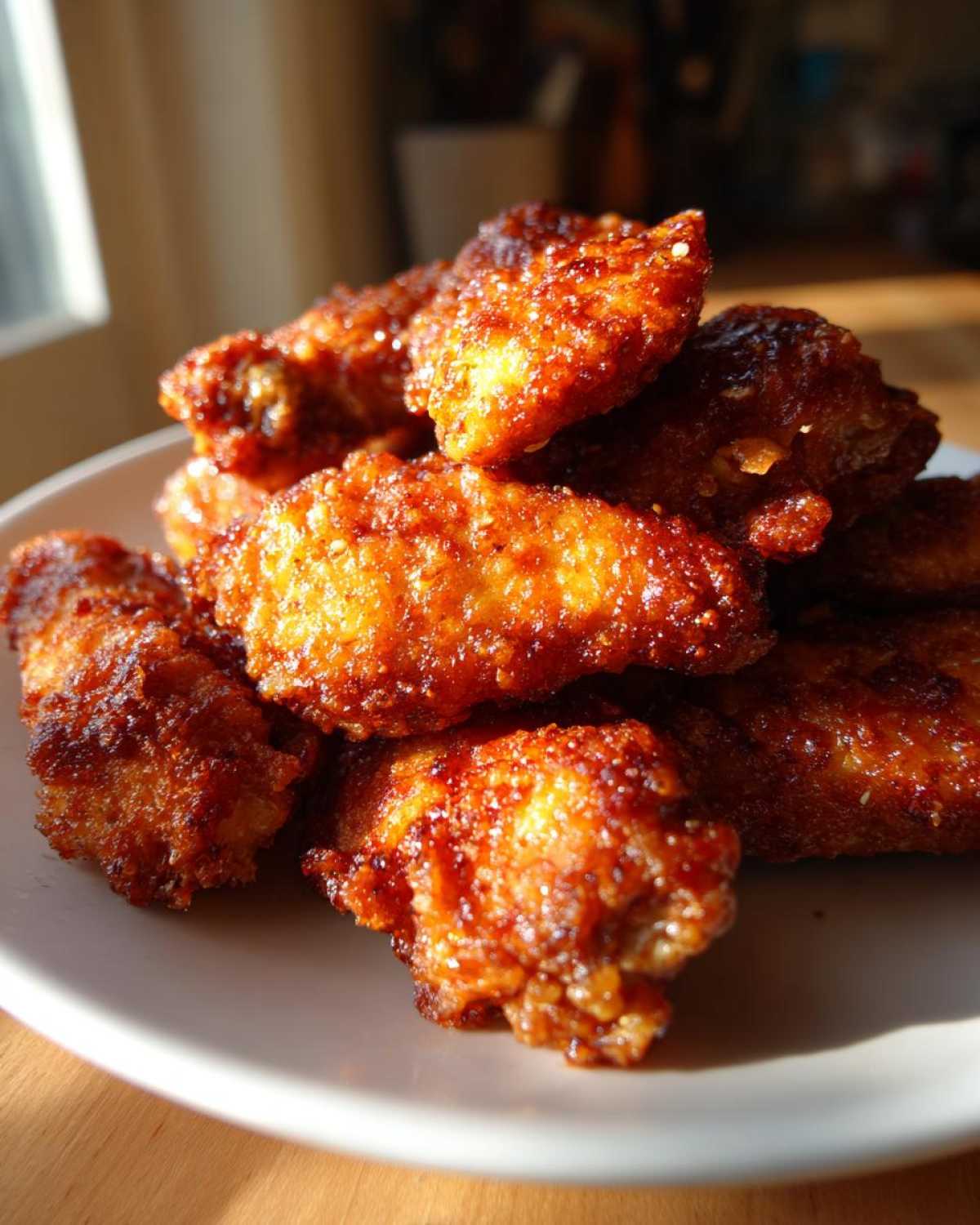 Close-up of a pile of crispy, glazed fried chicken wings catching the sunlight on a white plate.
