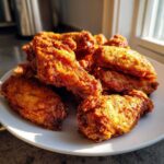 A close-up of perfectly cooked, crispy fried chicken wings piled high on a white plate, catching the sunlight.