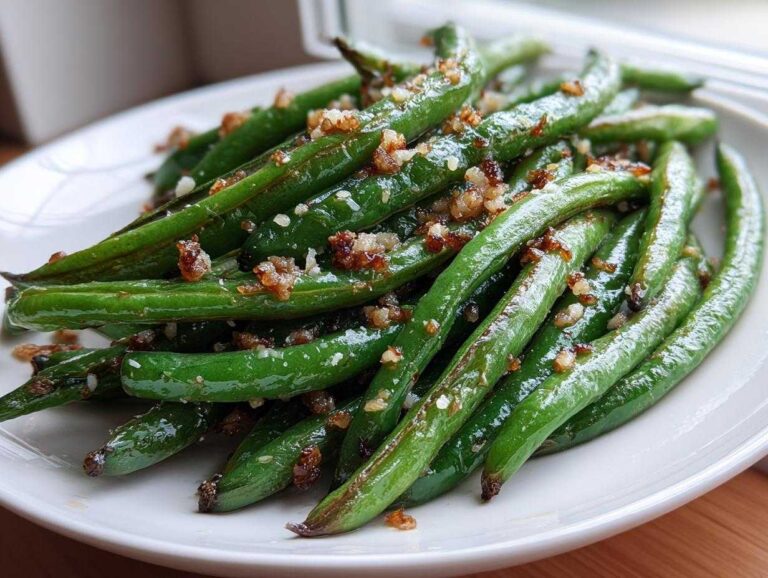 Close-up of bright green beans roasted at 400° and topped with crispy browned garlic bits.