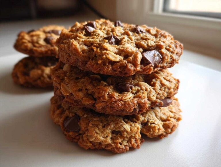 1 Bowl Amazing oatmeal cookie Magic A close-up stack of three chewy chocolate chip oatmeal cookie treats on a white plate.