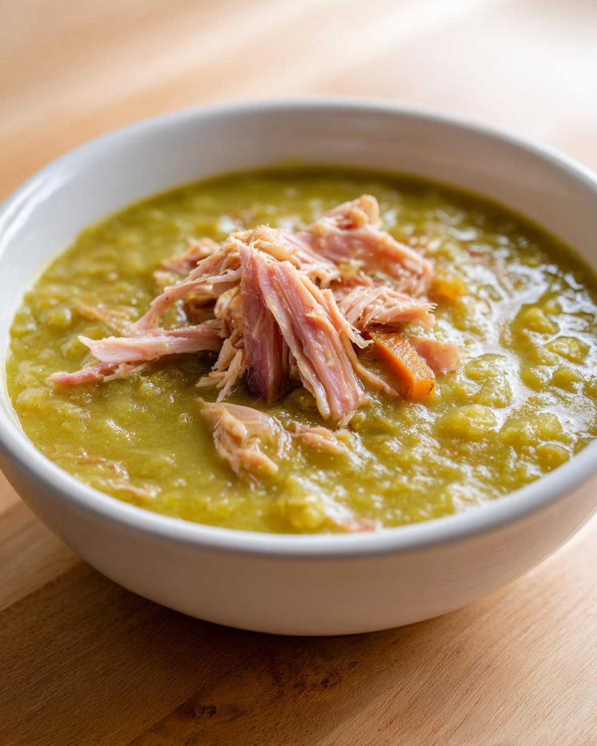 Close-up of a thick, green pea soup served in a white bowl, topped generously with shredded ham.
