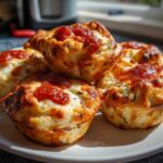 A close-up of several golden brown pizza muffins topped with melted cheese and tomato sauce on a white plate.