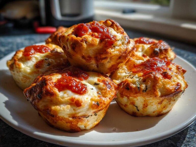 A close-up of several golden brown pizza muffins topped with melted cheese and tomato sauce on a white plate.