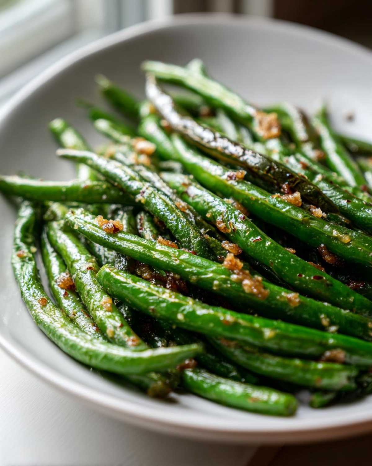 A close-up view of vibrant, roasted green beans seasoned with crispy brown bits, ready to eat.