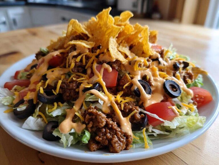 A vibrant, close-up view of a hearty taco salad piled high with seasoned beef, lettuce, tomatoes, olives, and dressing.