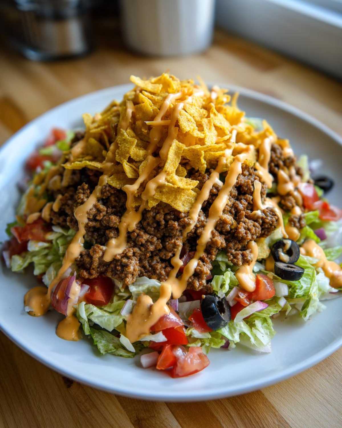 A hearty serving of taco salad featuring seasoned ground beef, lettuce, tomatoes, olives, and crushed chips drizzled with dressing.
