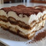 Close-up of a layered slice of tiramisu recipe showing ladyfingers, cream, and cocoa powder dusting.