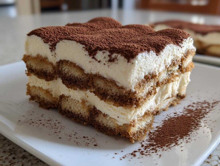 Close-up of a layered slice of tiramisu recipe showing ladyfingers, cream, and cocoa powder dusting.